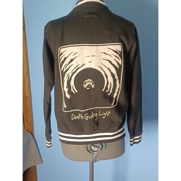 Vintage Goth Black Small Jacket Skull "Deaths Guiding Light" White Stripe - Picture 15 of 16